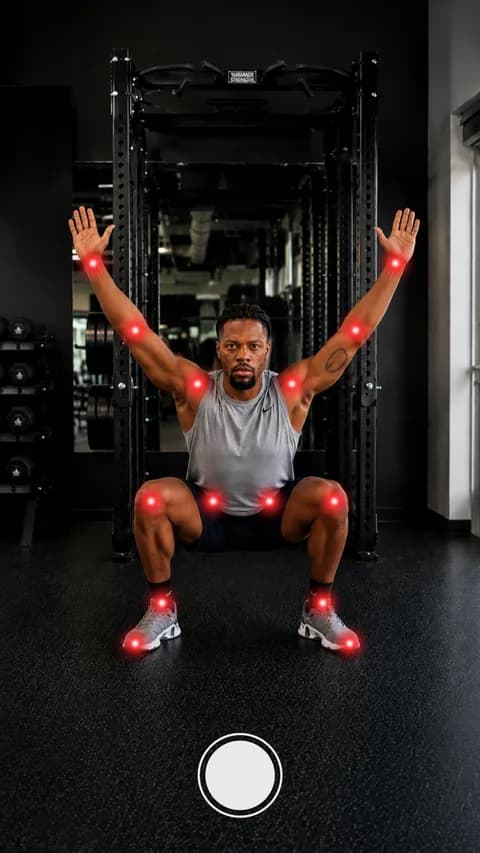 Écran de prise de vue : un homme en squat bras levés, chaque articulation marquée d'un point rouge lumineux.