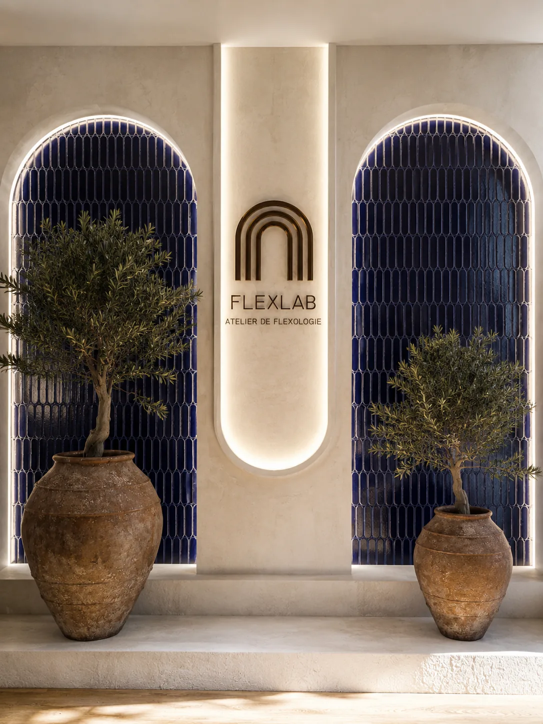 Deux arches bleues encadrant le monogramme Flexlab, entre deux jarres plantées